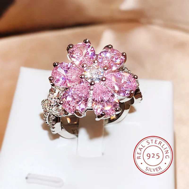 S925 Sterling Silver Selling Pink Flower She Sweet Fashion Ring Sparkling Full of Diamond Zircon Luxury Banquet Party JewelryXJ250514