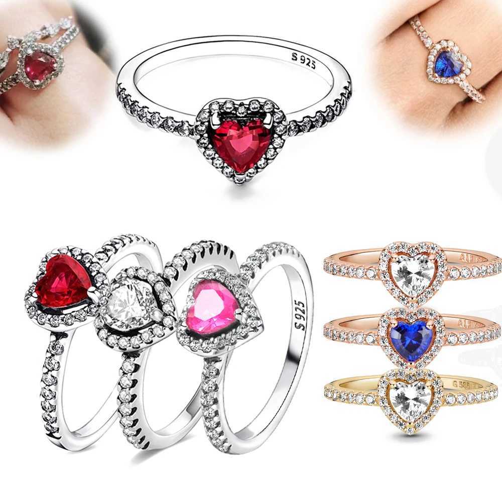 925 Sterling Silver Ring Elevated Red Heart With Colorful Crystal Rings For Women Valentines Gift DIY JewelryXJ250104