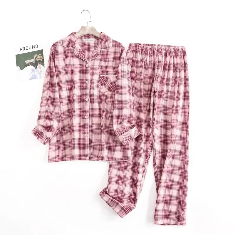 Cotton Flannel Womens Long Pants Pajamas Sets for Sleepwear Plaid n Loose Autumn and Winter Sleeve Trouser Suits 250103