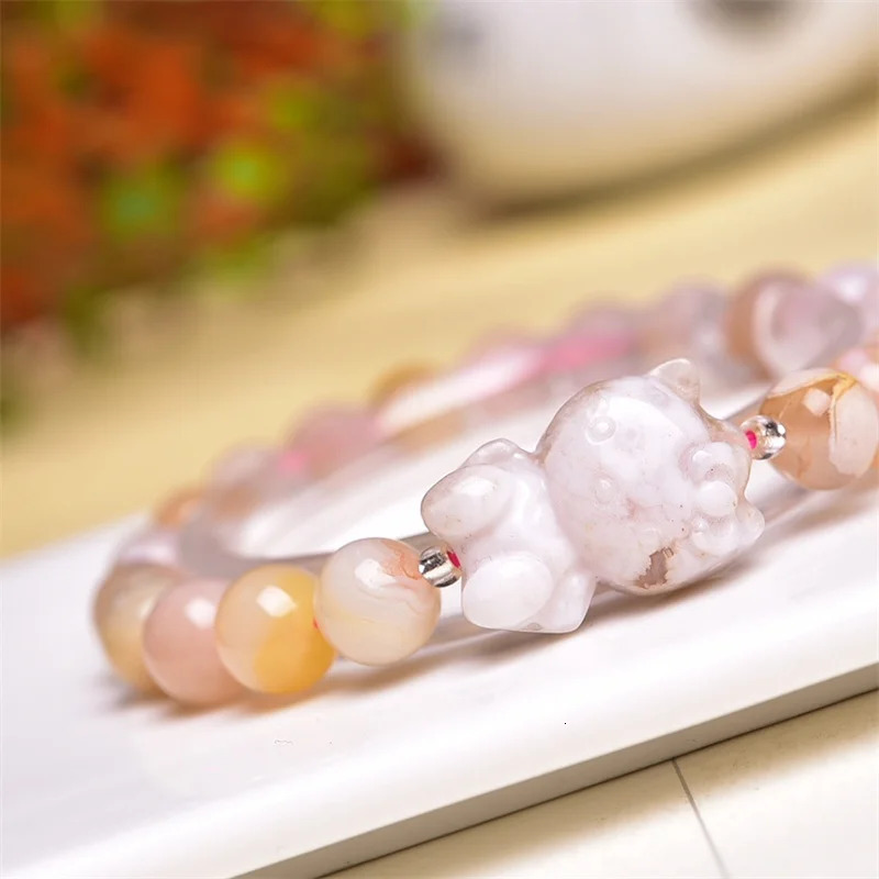8MM Natural Flower Agate Cartoon Cat Carving Bracelet For Woman Man Fengshui Healing Wealth Crystal Birthday Lucky Gift 250102