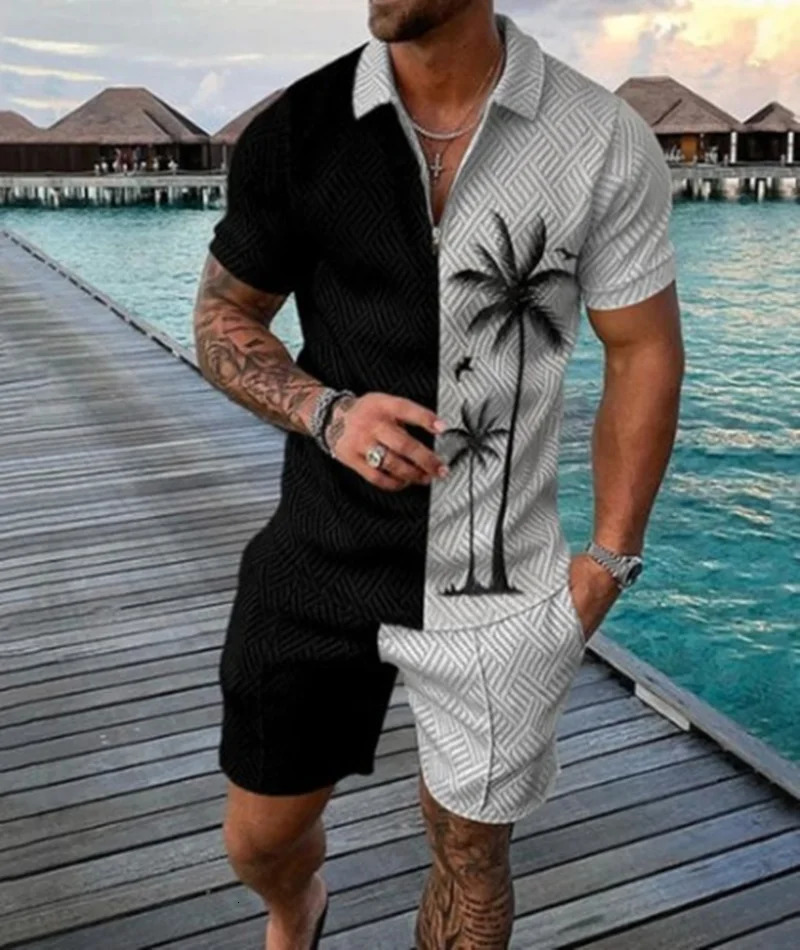 Fashion Summer Mens Tracksuit Short Sleeve Polo Shirt Set Coconut Tree 3D Print Clothing 2 Pieces Casual Suit Streetwear Outfit 250102