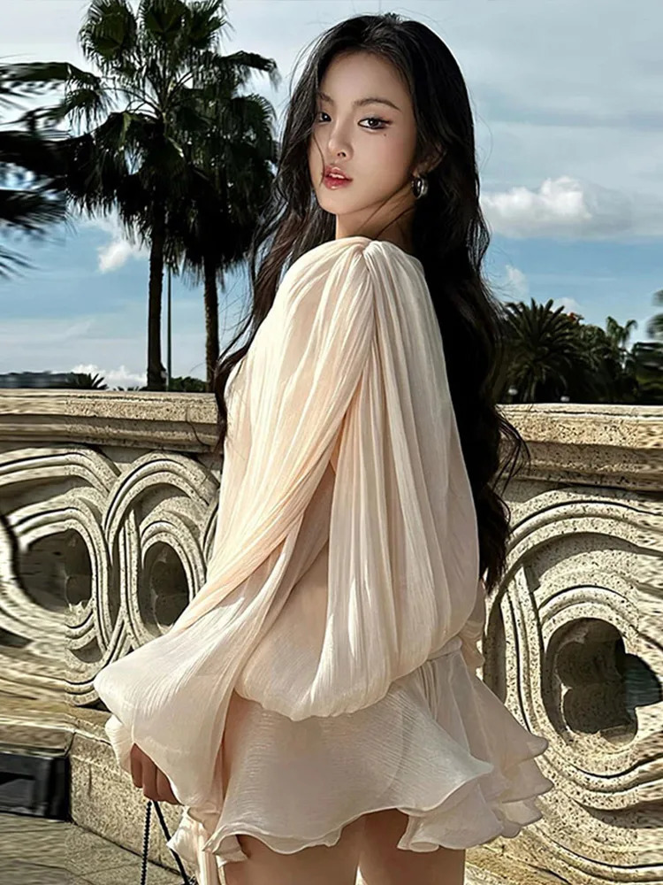 Elegant Ruffle Mini Dress for Women 2025 Early Spring Fashion O-neck Lantern Sleeve Hollow Lace Womens Dress with s 250103