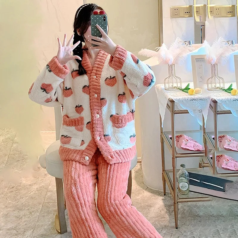 2Pcsset womens coral velvet pajamas small fragrant wind autumn and winter padded thickened warm peachcoloured student hom 250103