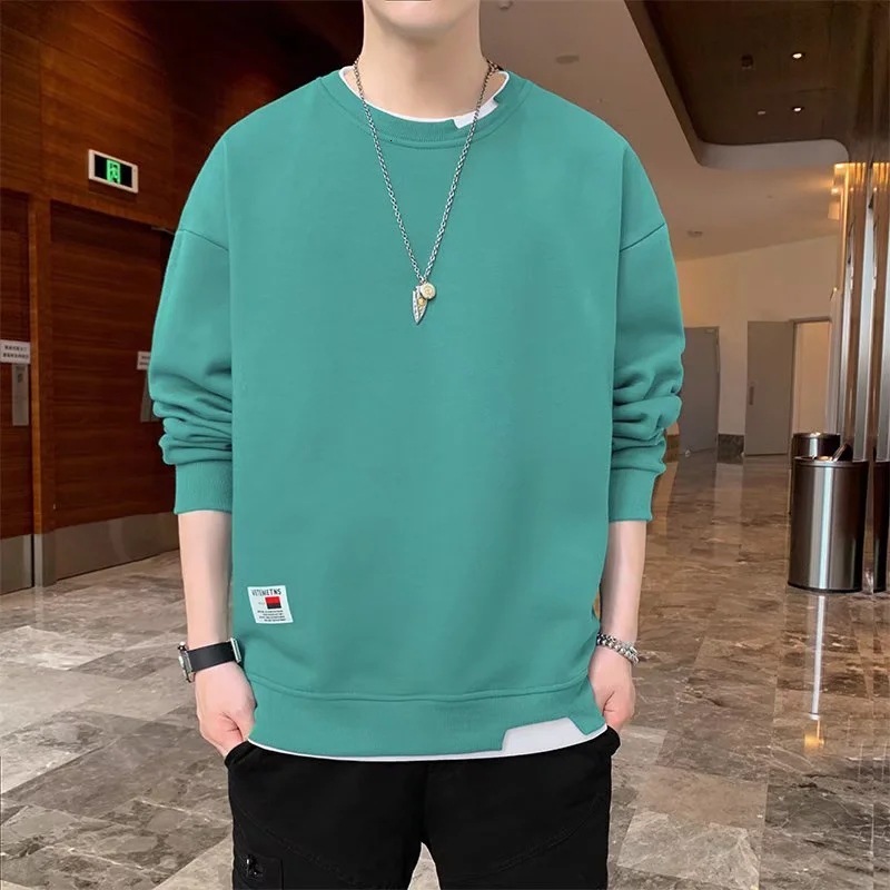 Autumn and winter hoodie mens Korean version loose round neck fake two-piece velvet long sleeved trendy versatile top trendy and fashionable for men