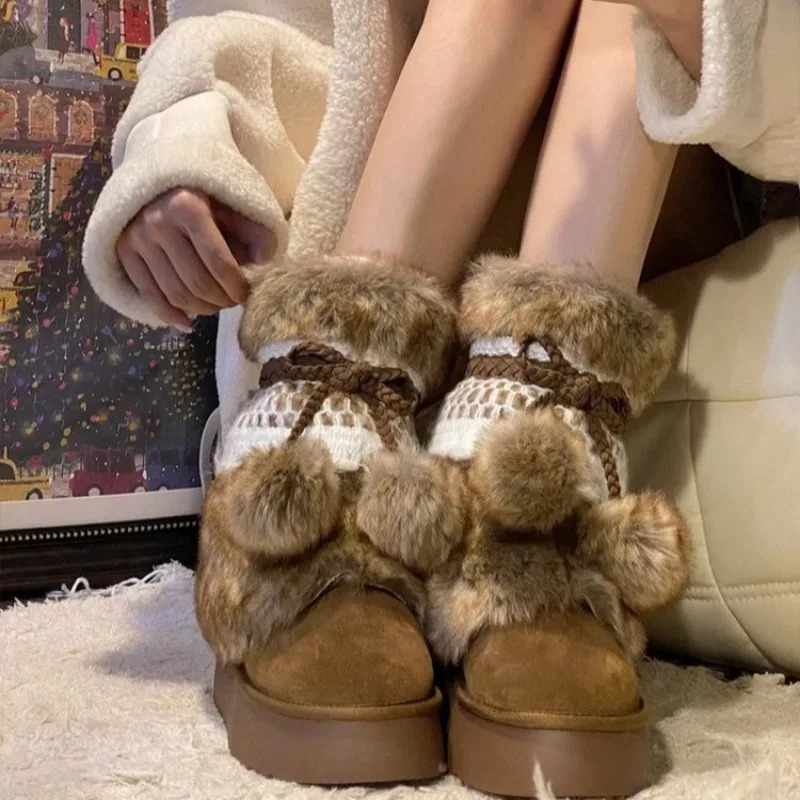 Faux Fur Women Winter Snow Fluffy Fuzzy Warm Cozy Waterproof Platform Lace-up Mid-Calf Ski Boots 2024 250103