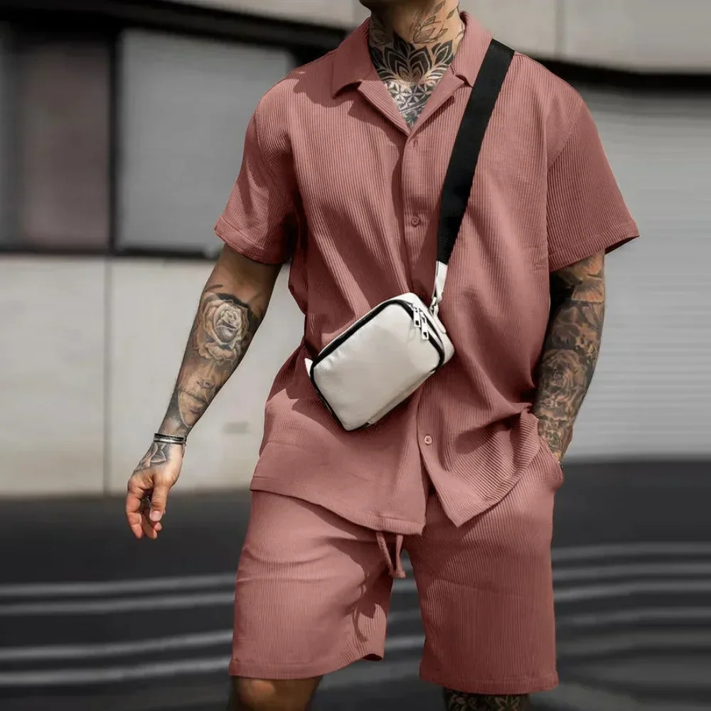 2024 Summer Solid Casual Losse Mens Sets Soft Single Breasted Shirts Shorts 2 Pieces Sets for Men Fashoin Polo Sweatpants Suit 250102