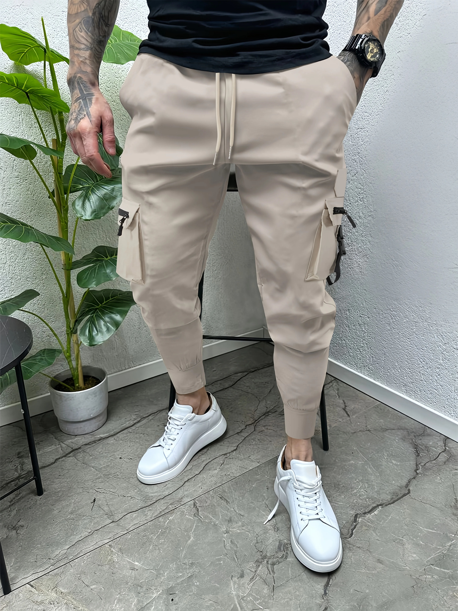 Mens zip-up buckle multi-pocket cargo pants 250102