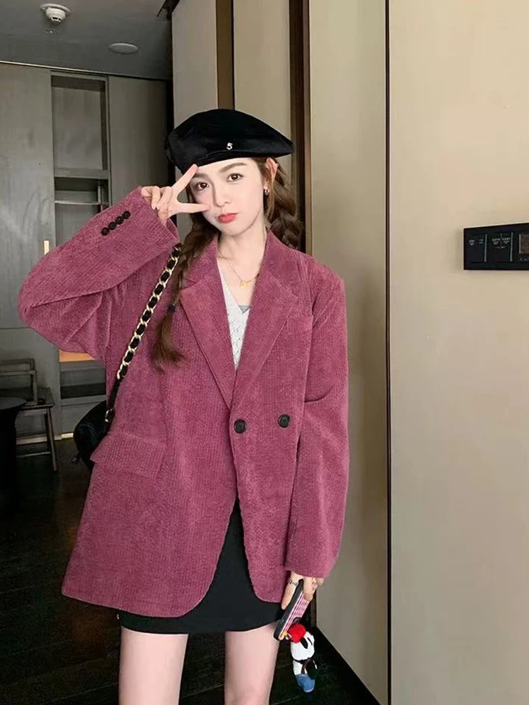 Vintage Corduroy Women Blazer Y2K Streetwear Loose Single Breasted Suit Jacket Korean Long Sleeve Elegant Office Lady Outerwear 241224