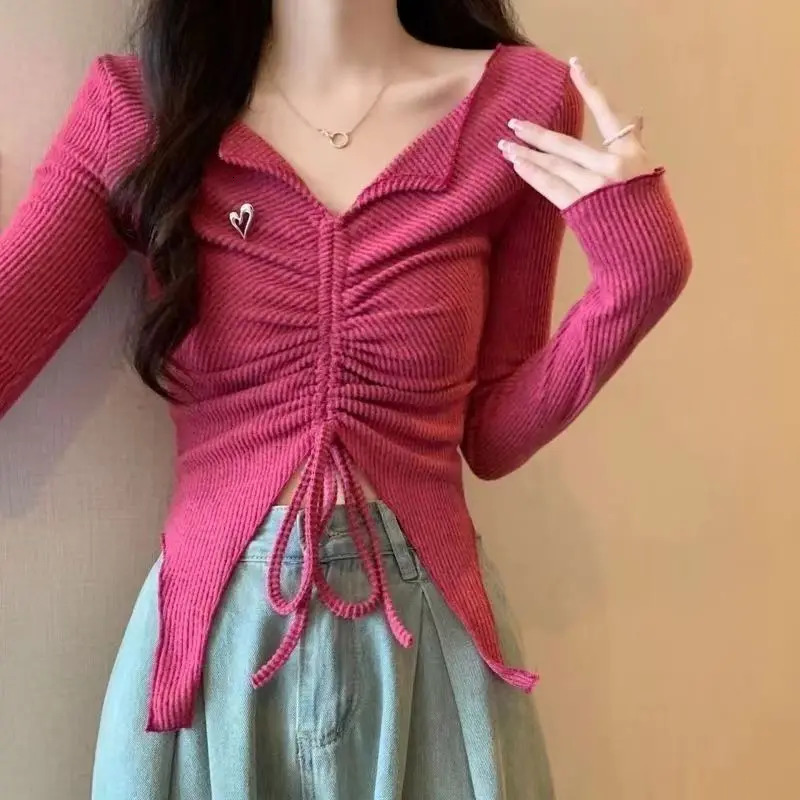 Sweet Drawstring Short T Shirts Spring Autumn long sleeved V-neck solid seam hem sexy slim fit top Y2K fashion womens clothing 250103