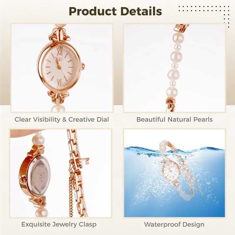 Pearl and Bracelet Set Elegant Womens Waterproof Quartz Suitable for Women Rose Gold Comes with Natural Pearl Gift W250104