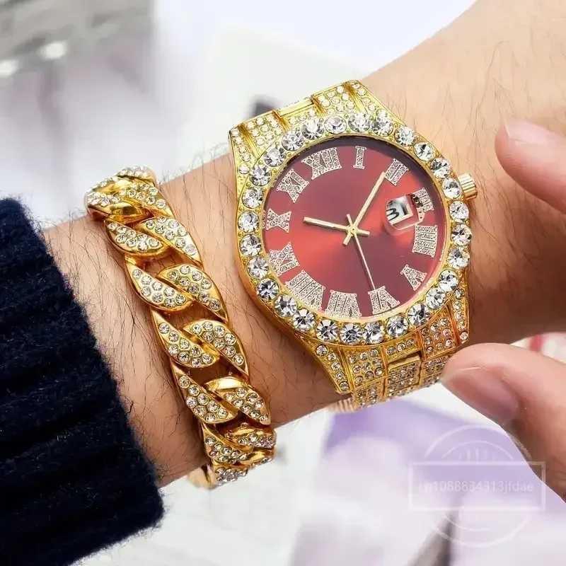 1/2 Hip Hop Stainl steel gold calendar bracelet suitable for men Rhinestone men on exterior walls Reloj Hombre W250104