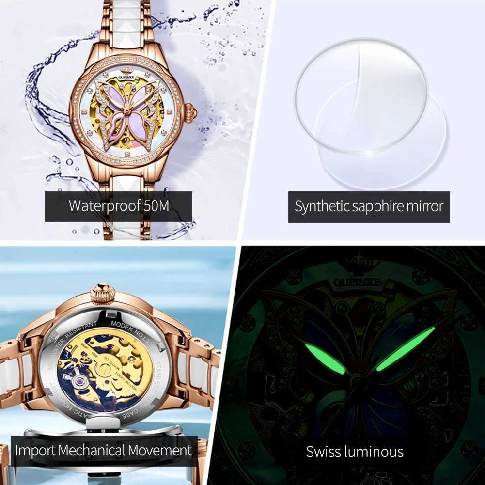OUPINKE 3239 Elegant Butterfly Womens Hollow Diamond Dial Deep Waterproof Ceramic Str Watch Bracelet Set W250104
