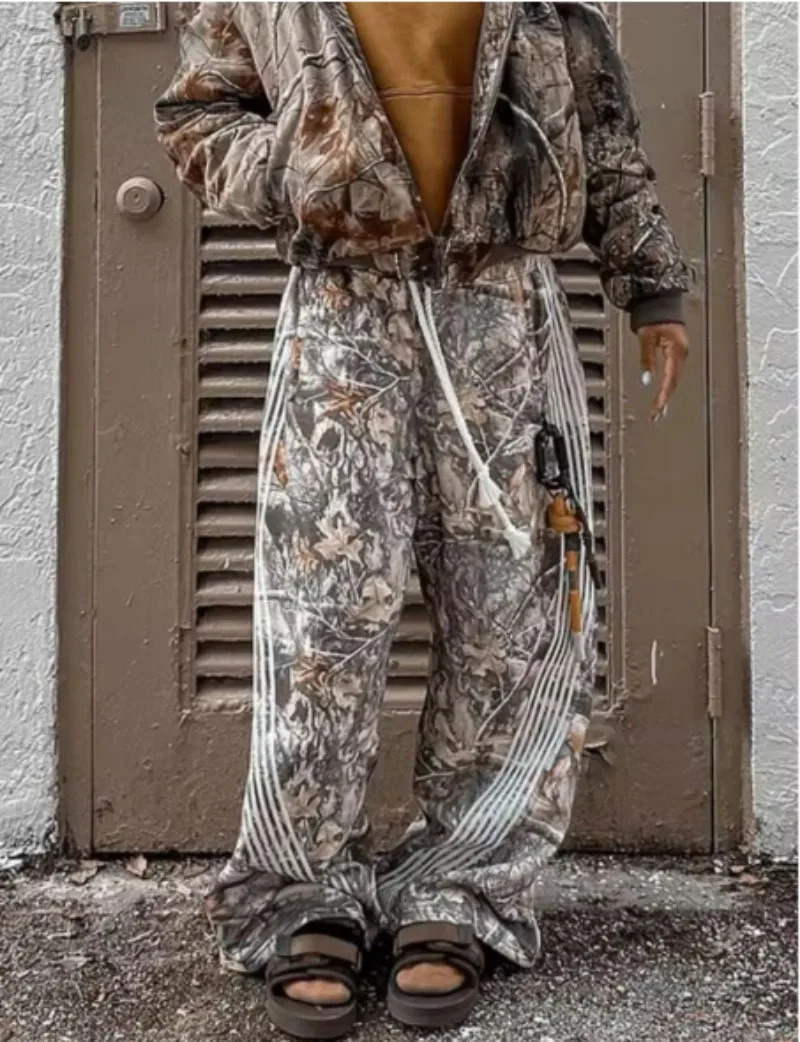 Y2K leaf camouflage functional tactical functional pants mens and womens quality jogging drawstring sweater work pants 250103