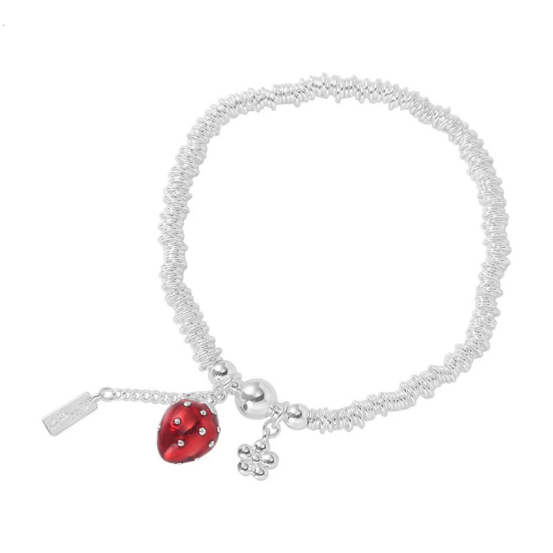 Berry Trouble Bracelet 925 sterling silver red oil drop strawberry long silver round bead bracelet for women B3273 250102