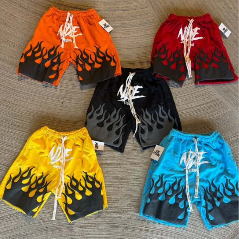 Ins Net Red Shorts Men Women Foam Flame Print American Retro Street Style Five Pants Y2k Cotton Solid Color Loose Couple Pants 250103