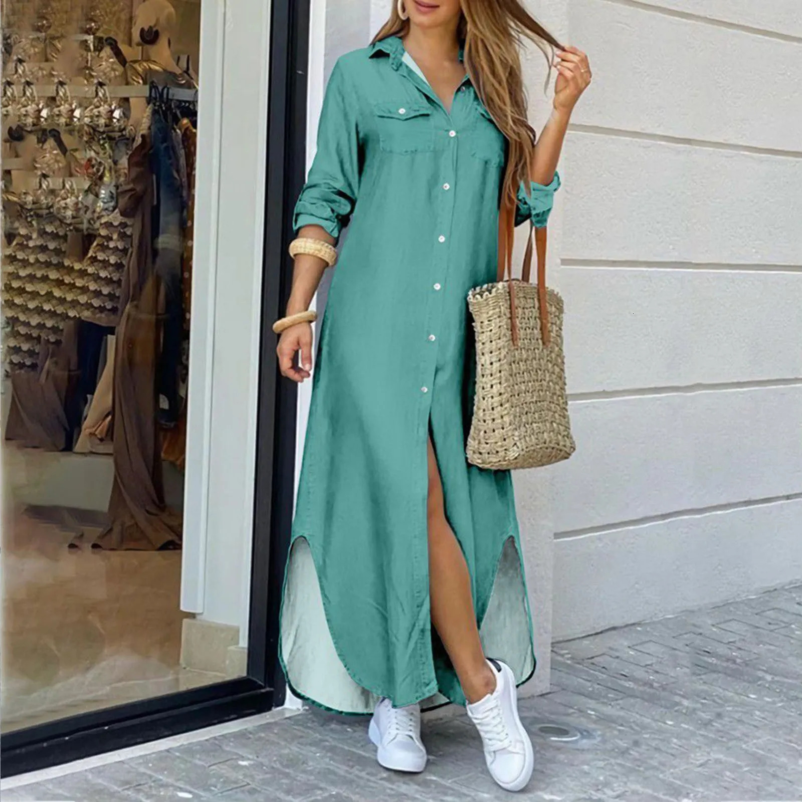Summer Fashion Elegant Shirt Dress Womens 2025 Printed Long Sleeve Button Womens Office Holiday Casual Clothing Womens Long Skirt 250103