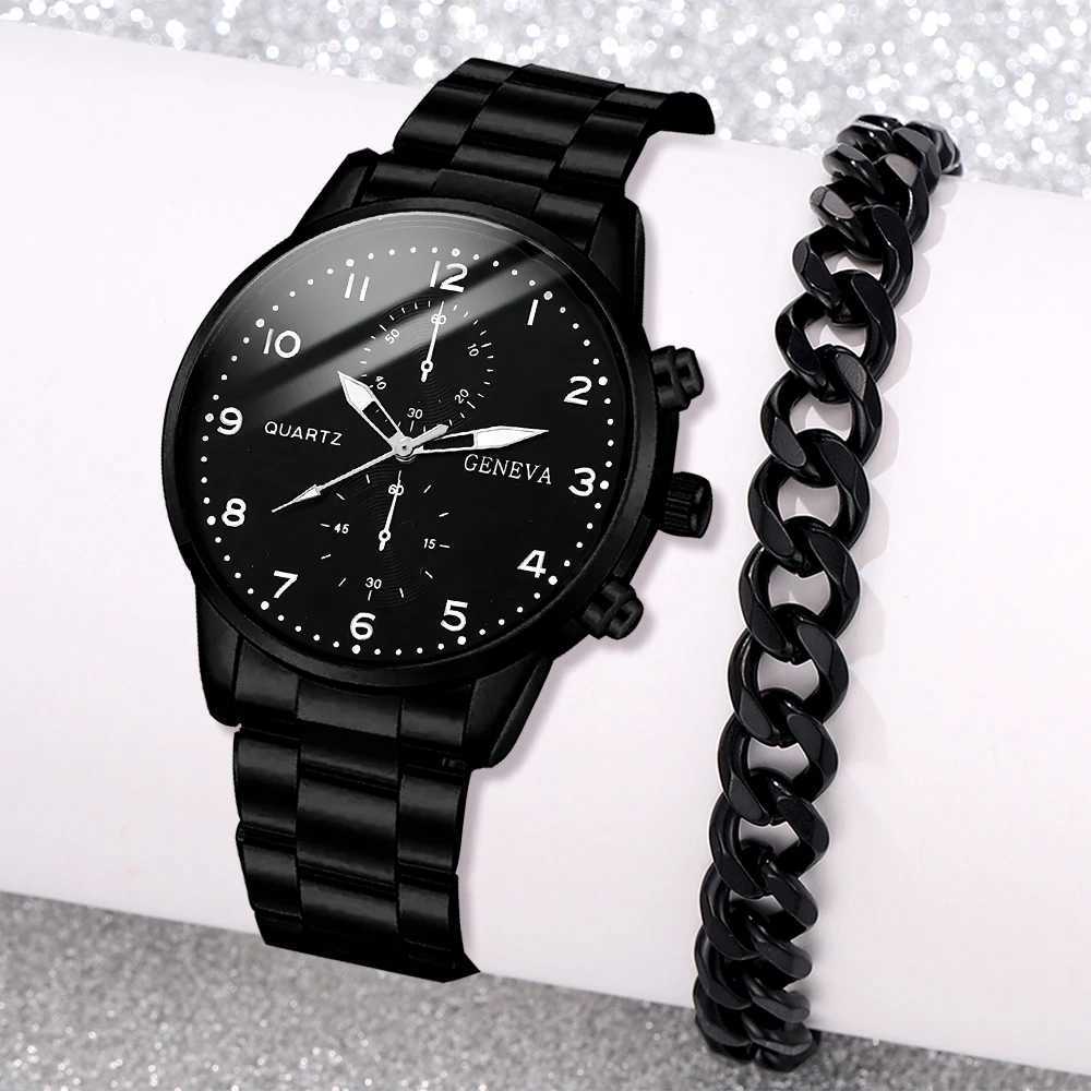2PCS Mens Black Casual Fashion Three Eye Element Dial Quartz Wrist Leather Str Jewelry Set W250104