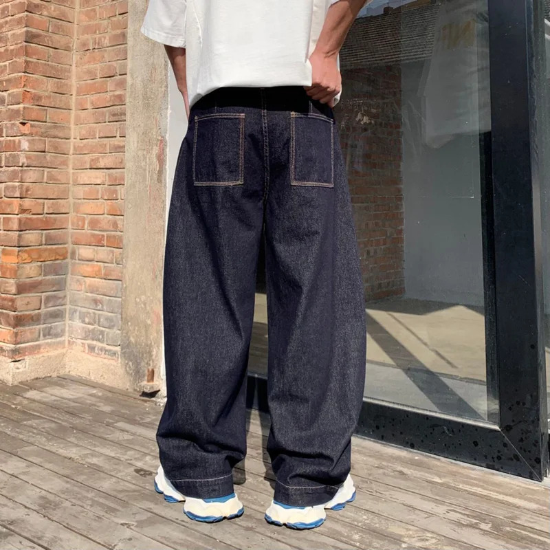 Men Belt Streetwear Fashion Loose Casual Wide Leg Cargo Denim Jeans Pant City Plus Size Baggy Jeans Trousers 241230