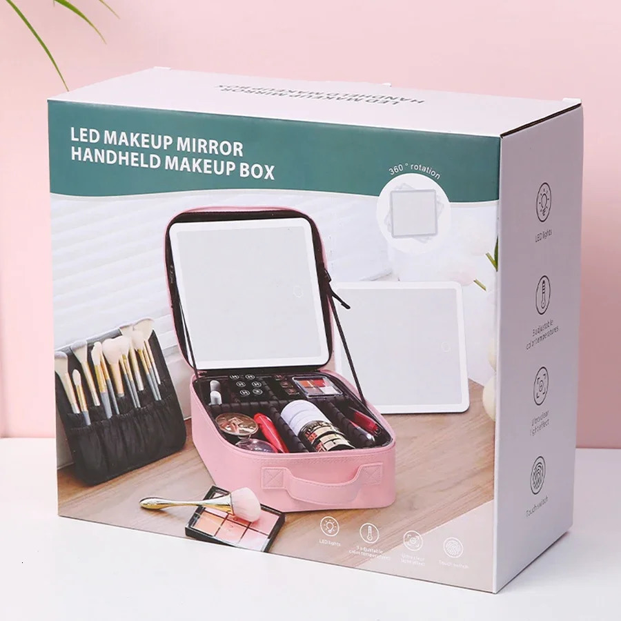 LED Lighted Travel Makeup Bag with Mirror Portable Waterproof Makeup Organizer Cosmetic Case Birthday Gift for Girls Women 250103
