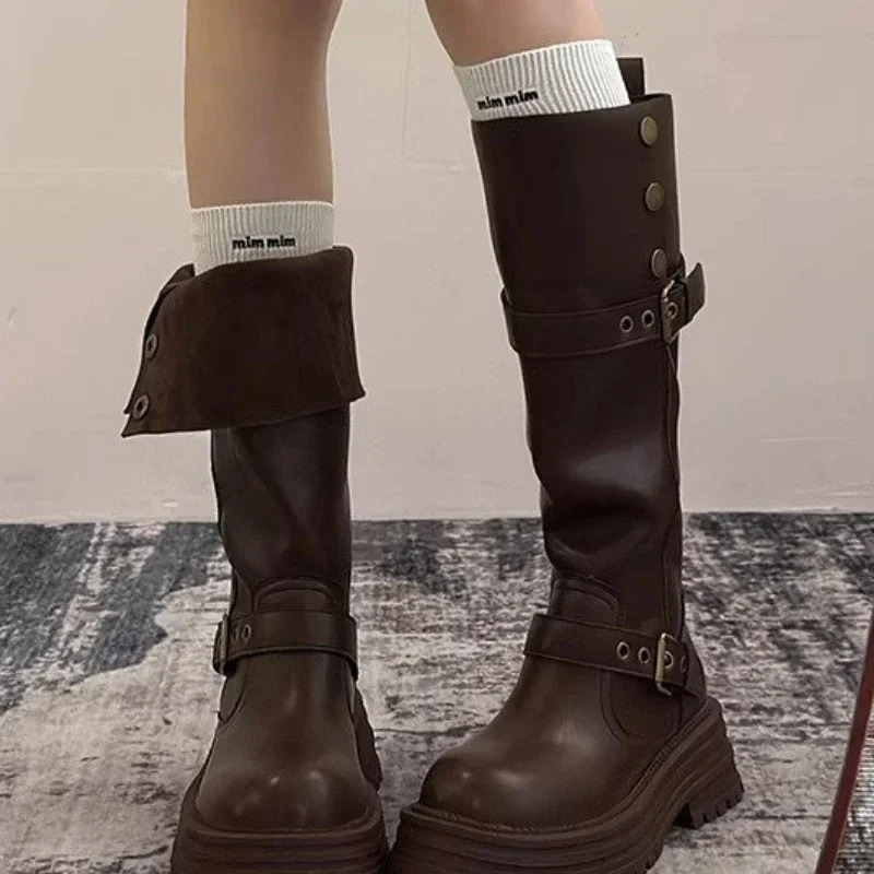 2024 Vintage Winter Women Western Cowgirl Boots Fashion Slip on Modern Long Booties Ladies Elegant Thick Heels Botas Mujer 35-40 250103