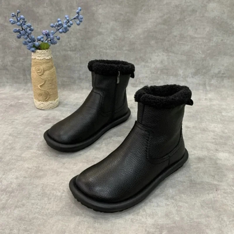 Fur Flats Women Snow Ankle Boots Leather Short Plush Cotton Shoes 2025 Trend er Warm Cozy Casual Winter Botas De Mujer 250103