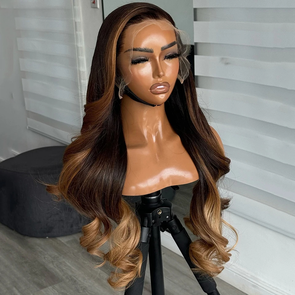 Free shipping 32 Inches Brazilian Ombre Brown High Quality 13x4 Frontal Human Hair Wig Body Wave HD Lace Wigs Synthetic on Sale