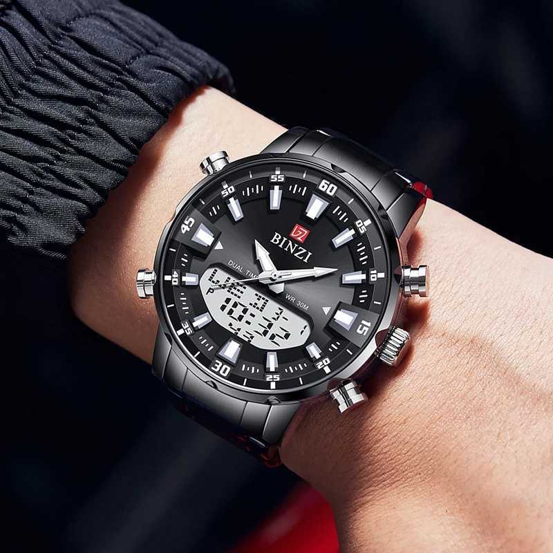Top luxury mens watch waterproof sports digital mens LED steel military quartz gold large dial clock W250104