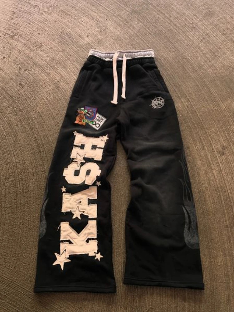 Y2k sports pants retro Harajuku Gothic letter patch double-layer loose elastic waist jogging casual pants 250103