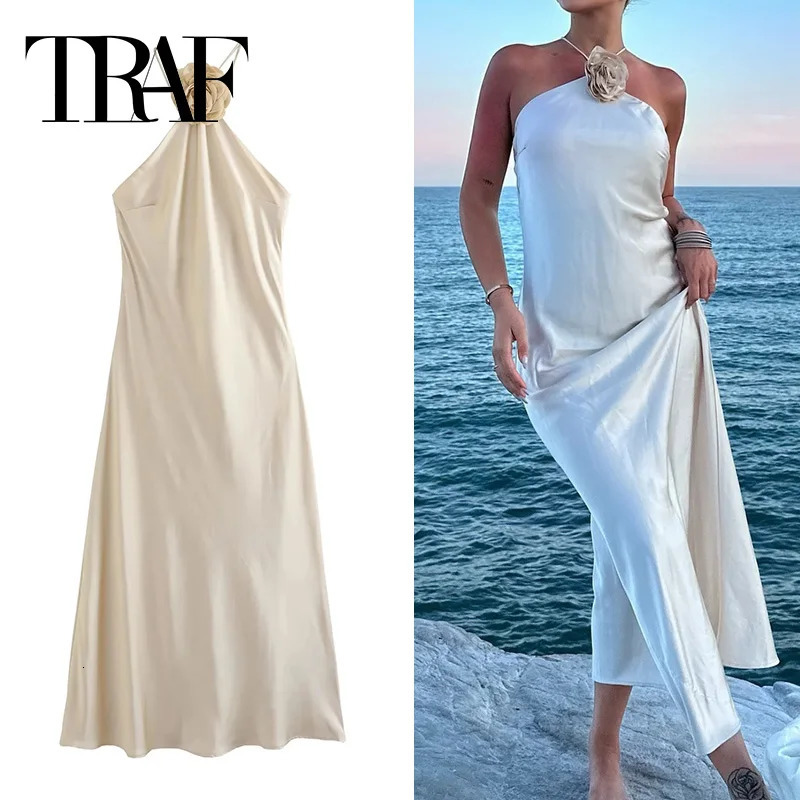 TRAF Flower Satin Long Dress Women Off Shoulder Halter Backless Dress Woman Summer Elegant Party Dresses Sexy Evening Dresses250103