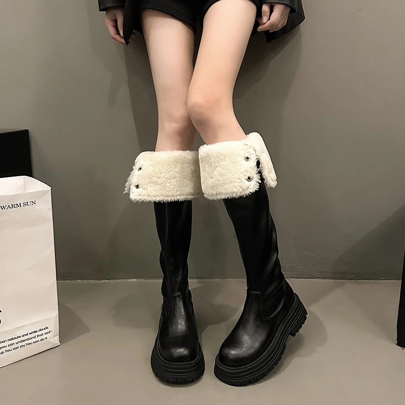 Winter Women Warm Cotton Knee High Boots Elegant Slip On Shoes Concise Thick Heel Long Botas De Mujer 250103