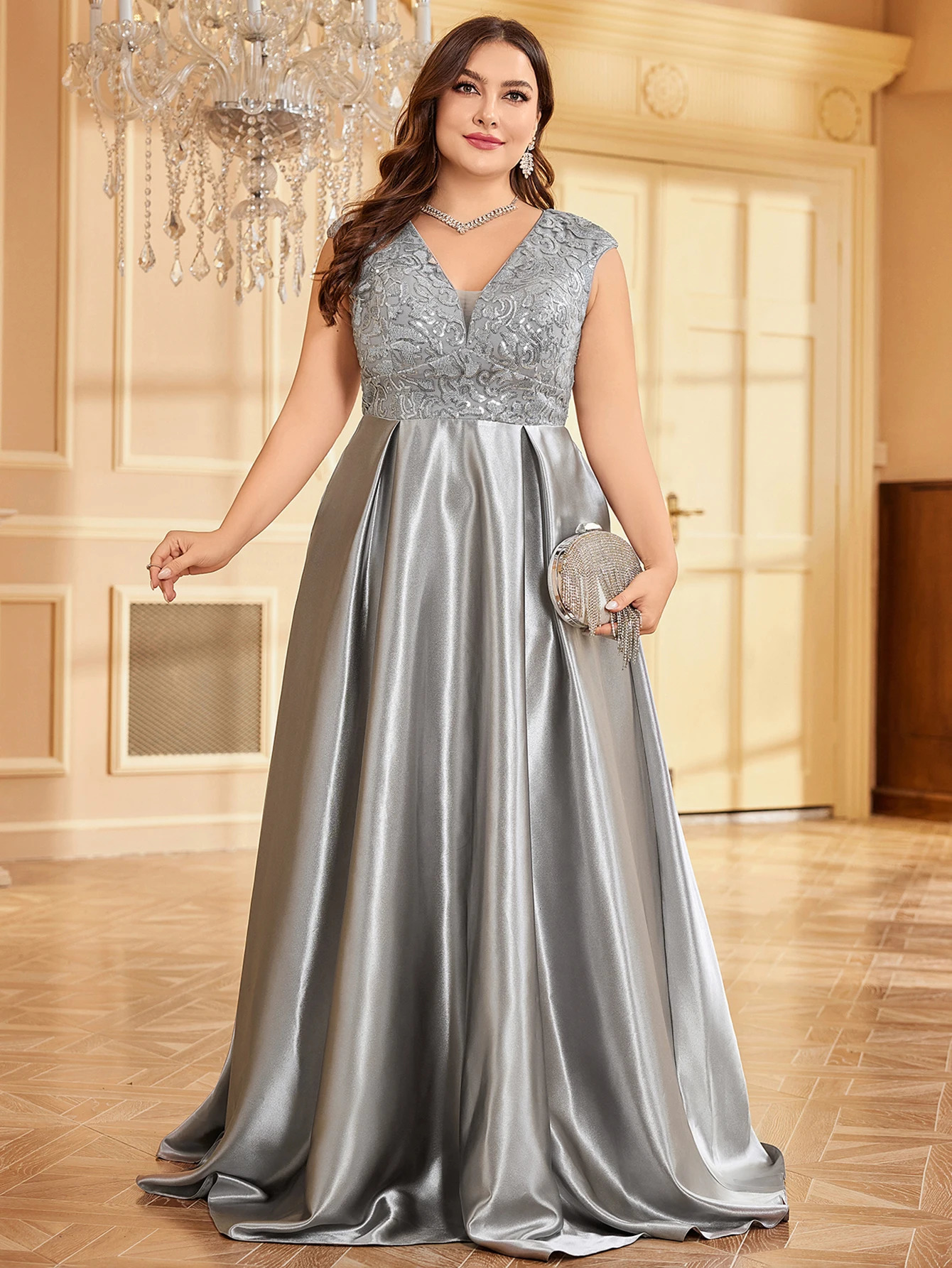 XUIBOL Gorgeous sequin patterned vest dress satin hem evening gown 250103