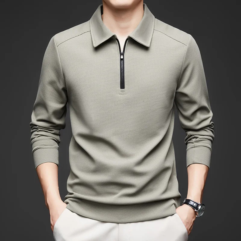Spring and Autumn Half Zipper Polo Shirt Long Sleeve Mens Casual Fashion Solid Color Full Match Simple Trend Fashion Top 241230