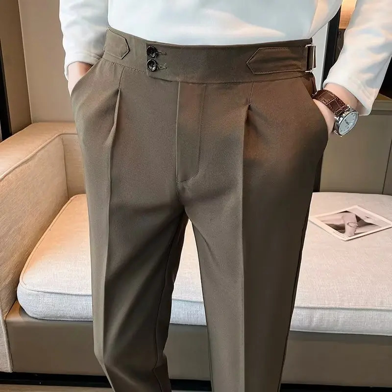 British Style Solid High Waist Draped Trousers Korea Men Formal Blazer Pants Slim Business Casual Suit Pants Hommes 250103