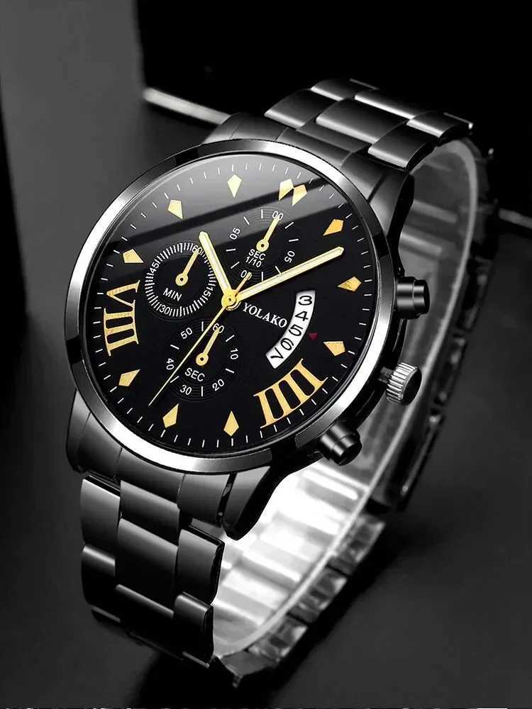 2PC Mens Busin Gentlemens Steel Belt Calendar Quartz+Chain Bracelet Set W250104