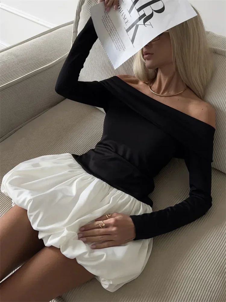 Tossy Knitwear Patchwork Slim Mini Dress Womens Off-Shoulder Long Sleeve Contrast Elegant Party Dress Female Backless Dress 250102