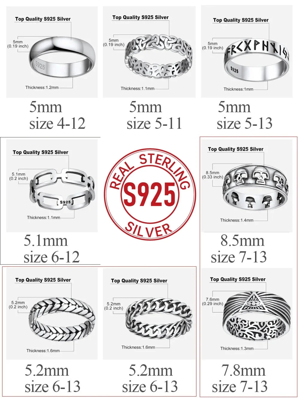 U7 925 Sterling Silver Unisex Rings 5mm-8mm Pattern Band Curb Link Chain Celtic Classic Plain Wedding Anniversary Couple Jewelry 250103