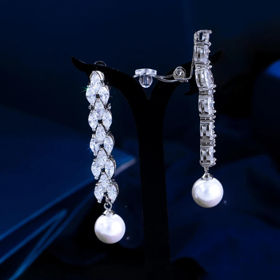 ThreeGraces Brilliant Zirconia Long Simulated Pearl Clip On Earrings for Women No Ear Hole n Bridal Party Jewelry EJ112 250103