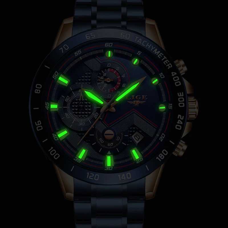 LIGE Mens Top Luxury Stainless Steel Blue Waterproof Quartz Mens Fashion Timing Mens Sports Military W250104
