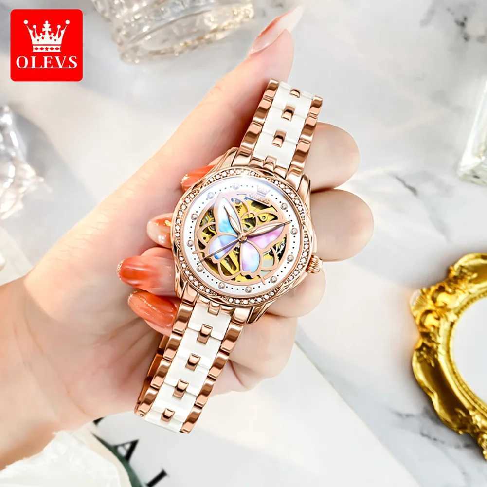 OLEVS 6615 Womens Automatic Mechanical Watch Elegant Luxury Diamond Skeleton Butterfly Dial Womens Set W250104
