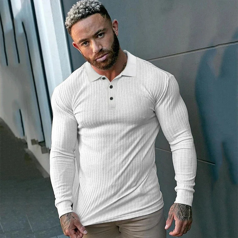 Spring and Autumn Fashion Mens Long Sleeve Knitted Polo Shirt Fitness Clothing Ultra Thin Fit Polo T-shirt Mens Fitness T-shirt Top 250103