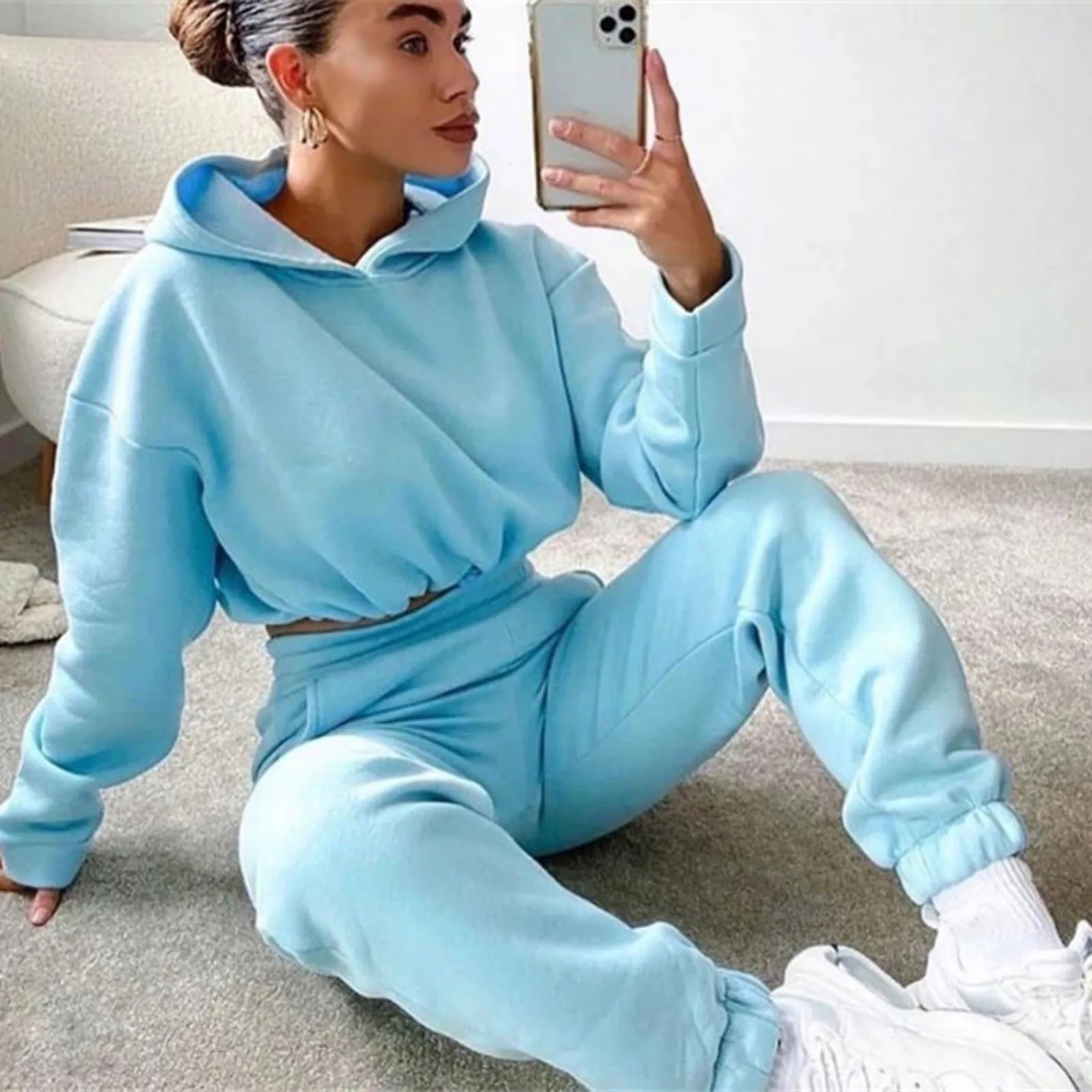 Winter two-piece womens track and field suit oversized set autumn Trouser set womens sports shirt solid sports hooded sweatshirt 241230
