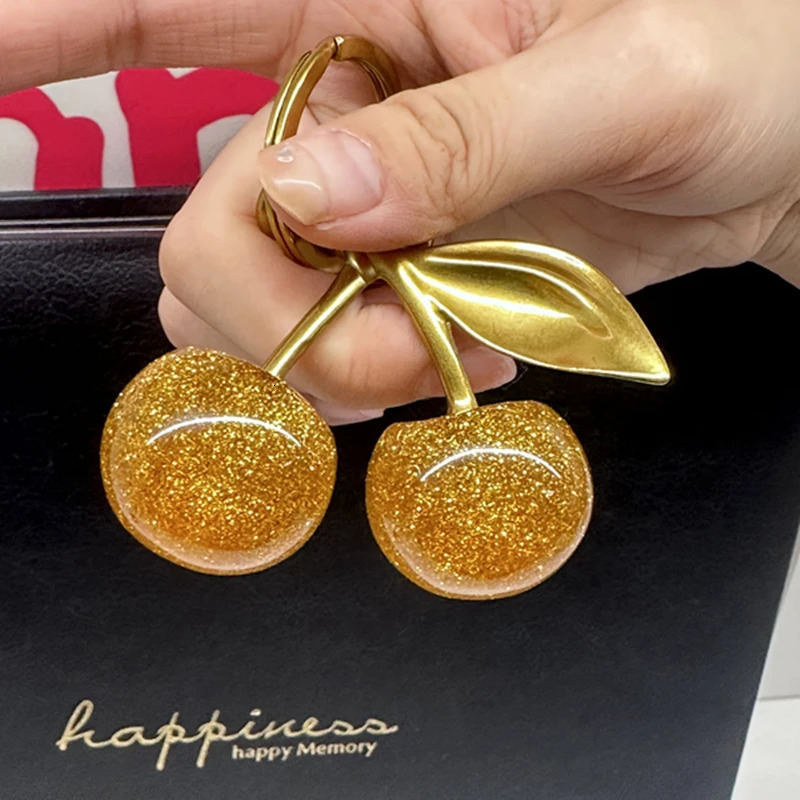Sparkling Gold Cherry Pendant For Handbag Shoulder Bags Womens Purse Keychain Charm Festive Christmas Accessory250103