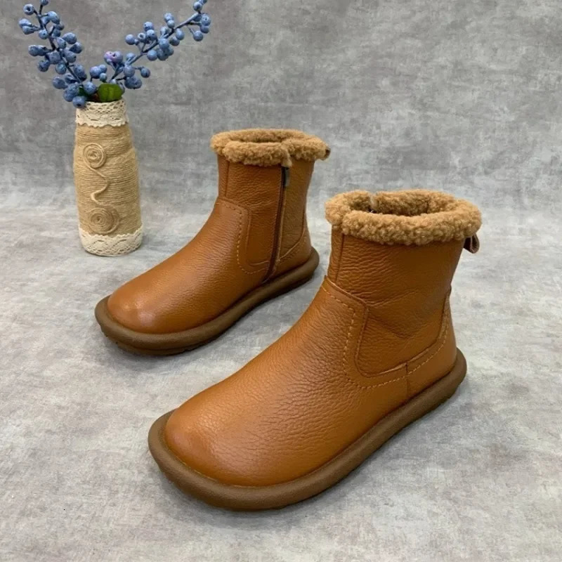 Fur Flats Women Snow Ankle Boots Leather Short Plush Cotton Shoes 2025 Trend er Warm Cozy Casual Winter Botas De Mujer 250103