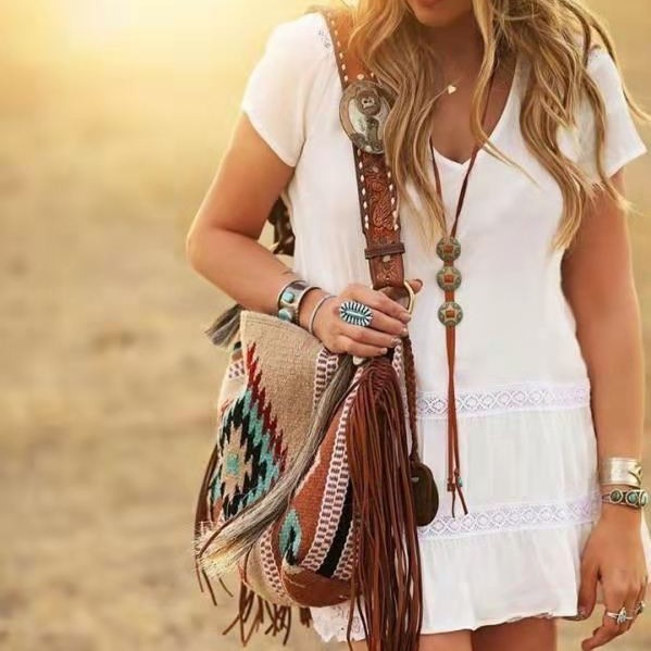Bohemian Handmade Woven Flowing Silk Cotton And Linen Single Shoulder Large Bag For Women
