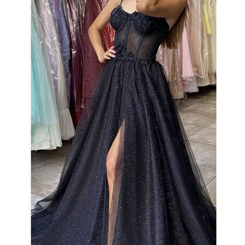 Sparkly Tulle Ball Evening Dress Lace spaghetti Strap Party Dress Ball Dress Teen Girls Graduation Ball Long Sleeve Aline 250103