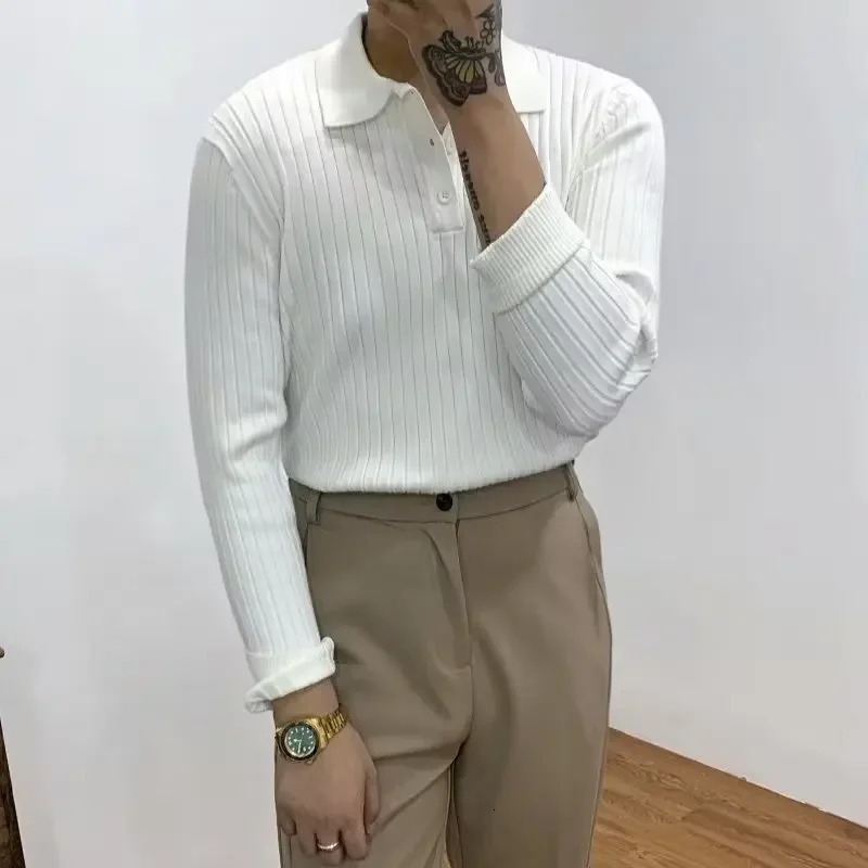 Mens Autumn Polo Shirt Long Sleeve Knitted Top Young Fashion Casual Clothing Loose Button Down Shirt 250103