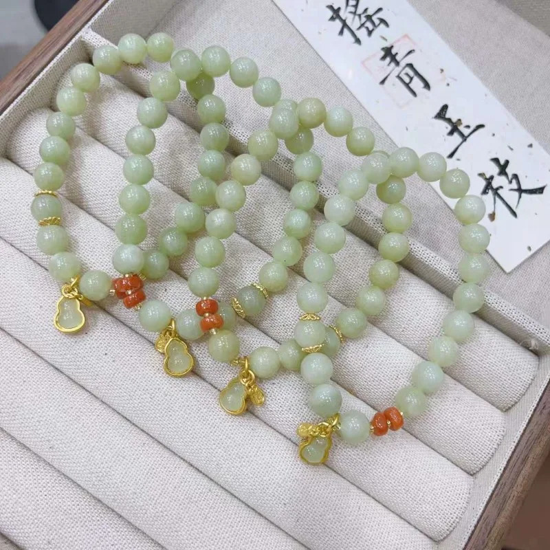 Natural Hetian Jade Round Bead Bracelet with Gourd Accessories Fashionable Womens Models 250102