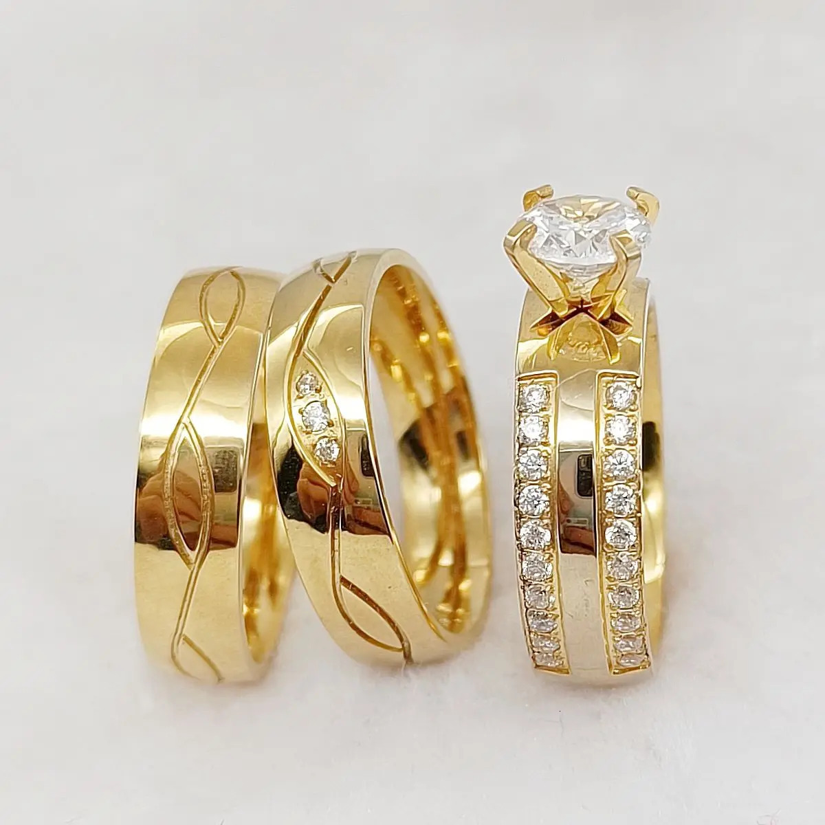 Wholesale 3pcs Lovers Promise Wedding Engagement Rings Sets For Couples Vintage Handmade 24k gold plated Fashion jewelry Ring 250103