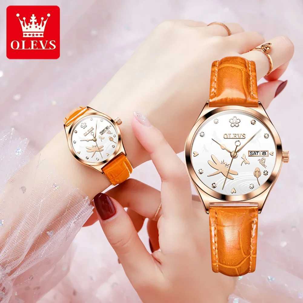 OLEVS Womens Automatic Mechanical Luxury Leather Str Dragonfly Skeleton Dial Fashion Womens Watch Reloj Mujer W250104