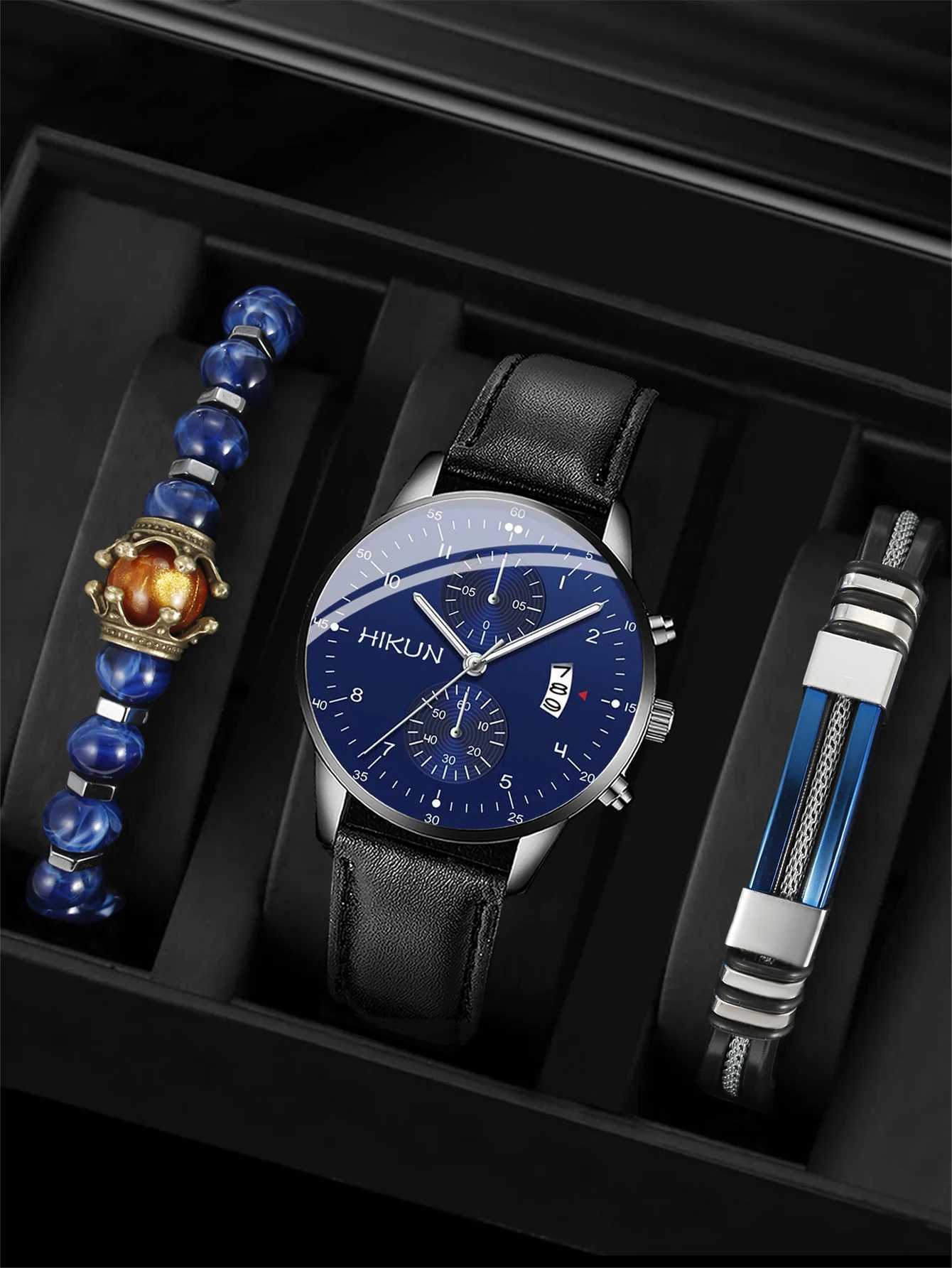 Black classic quartz mens dial fashionable round quartz simple casual sports leather W250104